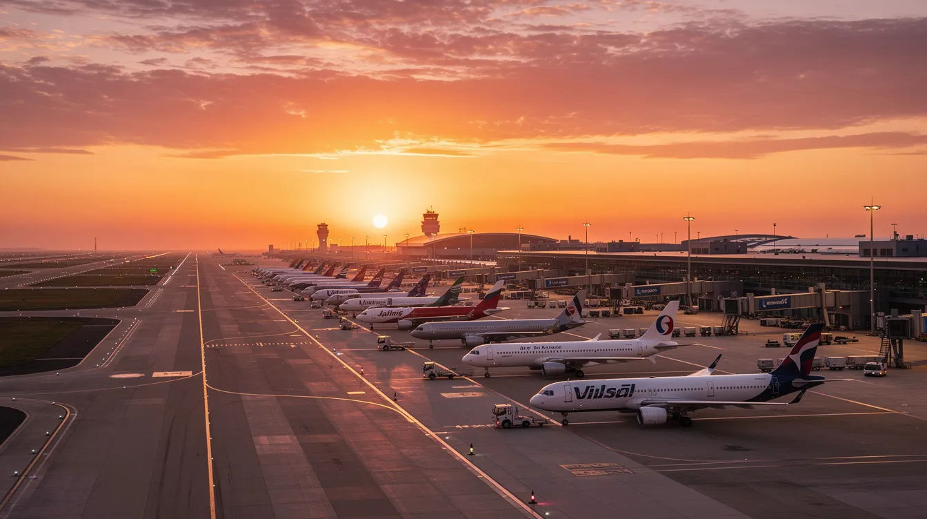 A panoramic view of a bustling international airport at sunset, featuring planes from major airlines lined up on the taxiway against a backdrop of a glowing orange sky, highlighting the vibrant atmosphere of the global airline industry. The scene captures the essence of air transport services as aircraft prepare for their scheduled flights.