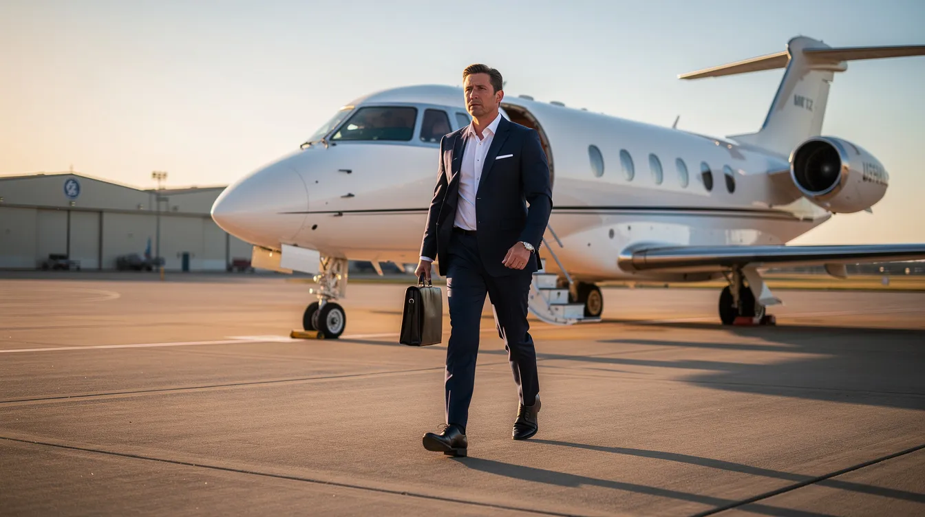 A business professional confidently walks across a private airport tarmac towards a waiting jet, highlighting the luxury and convenience of private aviation. This scene reflects the operational excellence of the NetJets fleet, known for its diverse private jet offerings and fractional ownership options.