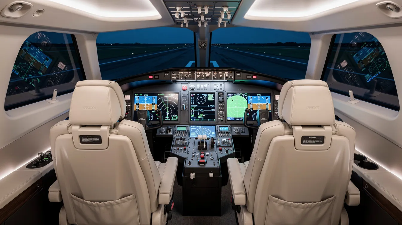 The image depicts a modern private jet cockpit featuring advanced digital avionics displays and dual pilot seats, showcasing the sophistication of private aviation. This high-tech environment reflects the operational excellence and luxury associated with the diverse NetJets fleet and executive jet management.