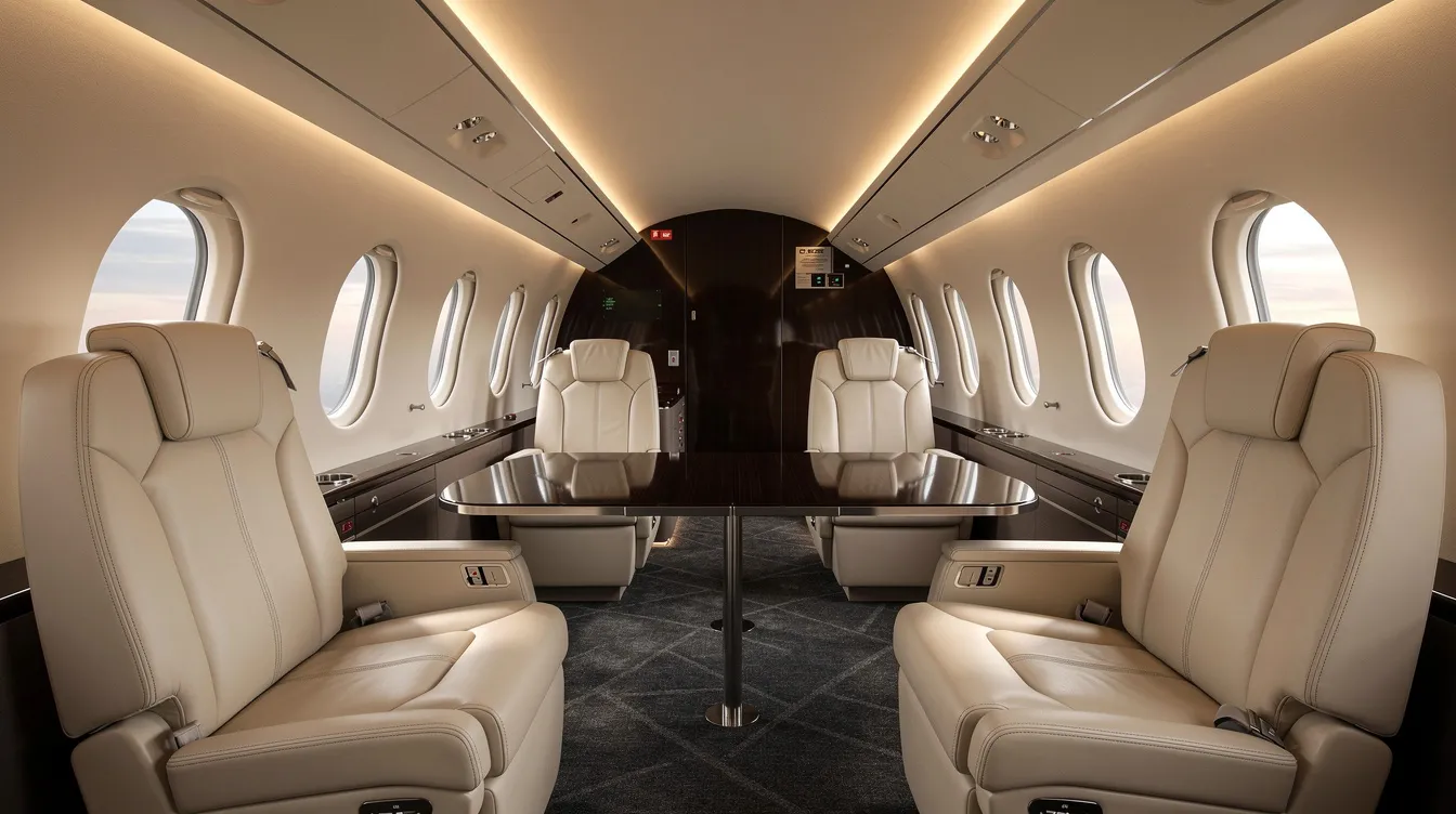 The image depicts the interior of a modern private jet cabin, featuring cream leather seats and soft ambient lighting that creates a luxurious atmosphere. This space exemplifies the elegance of private aviation, making it a perfect example of the comfort and style found in the NetJets fleet.