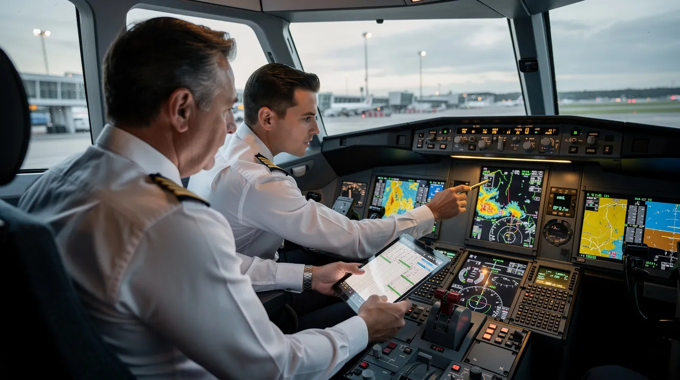 Two professional pilots are seated in a modern cockpit, intently reviewing weather data and preparing for a flight, ensuring compliance with federal aviation administration regulations and operational control standards. The scene highlights the importance of safety and efficiency in flight operations, particularly within fractional ownership programs.