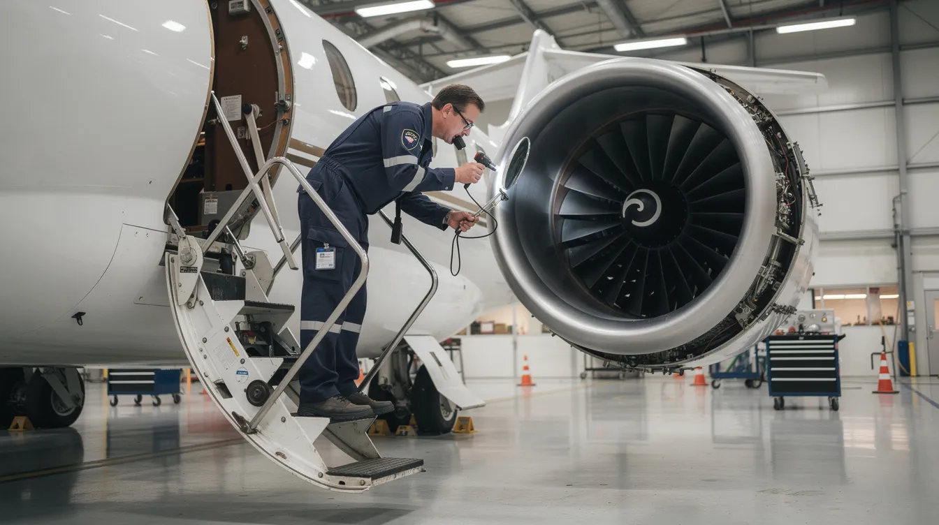 An aircraft maintenance technician is closely inspecting a turbine engine on a private jet inside a well-lit hangar, ensuring compliance with federal aviation administration regulations for airworthy aircraft. This careful maintenance is crucial for the safety and efficiency of flight operations in fractional ownership programs.