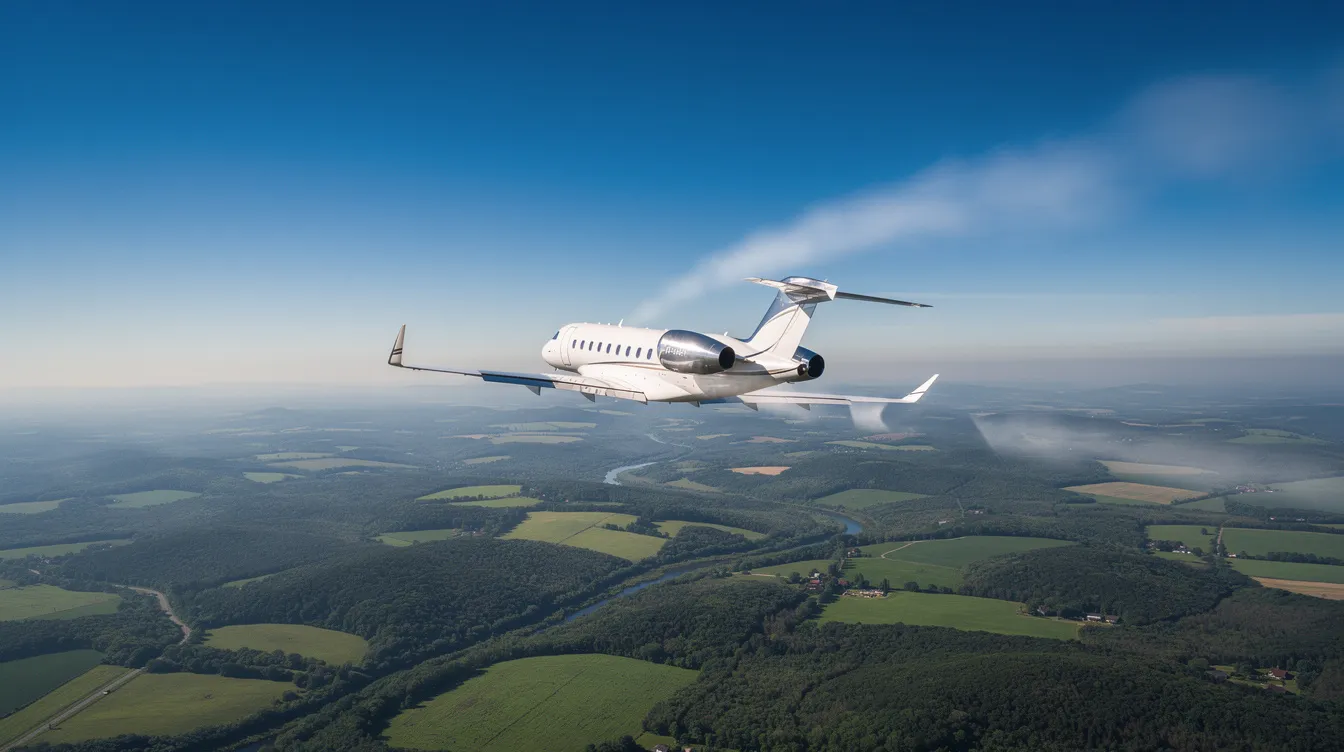 A sleek modern private jet soars at high altitude over a vibrant green landscape, with clear blue skies stretching endlessly above. This image captures the essence of luxury travel, often associated with fractional ownership programs and operational control in private aircraft management.