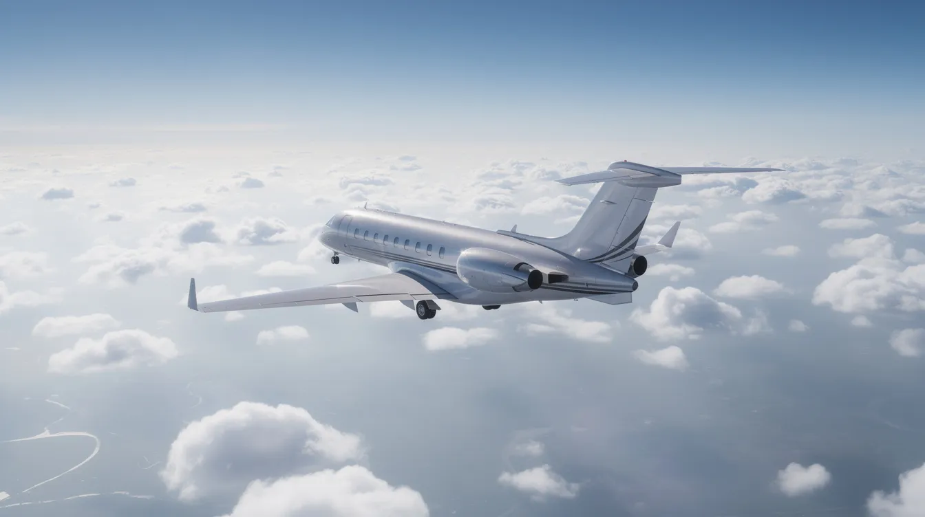 A sleek HondaJet Elite II, a very light jet known for its superior performance and fuel efficiency, is soaring at high altitude above scattered clouds against a vibrant blue sky. This aircraft exemplifies innovation in the light jet category, showcasing its aerodynamic breakthrough and enhanced capabilities.