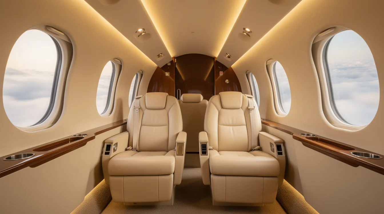 The image showcases a luxurious private jet cabin featuring cream leather seats, large oval windows, and warm ambient lighting, creating an inviting flight experience. This elegant interior reflects the Honda Aircraft Company's commitment to innovation and superior performance in the very light jet category.