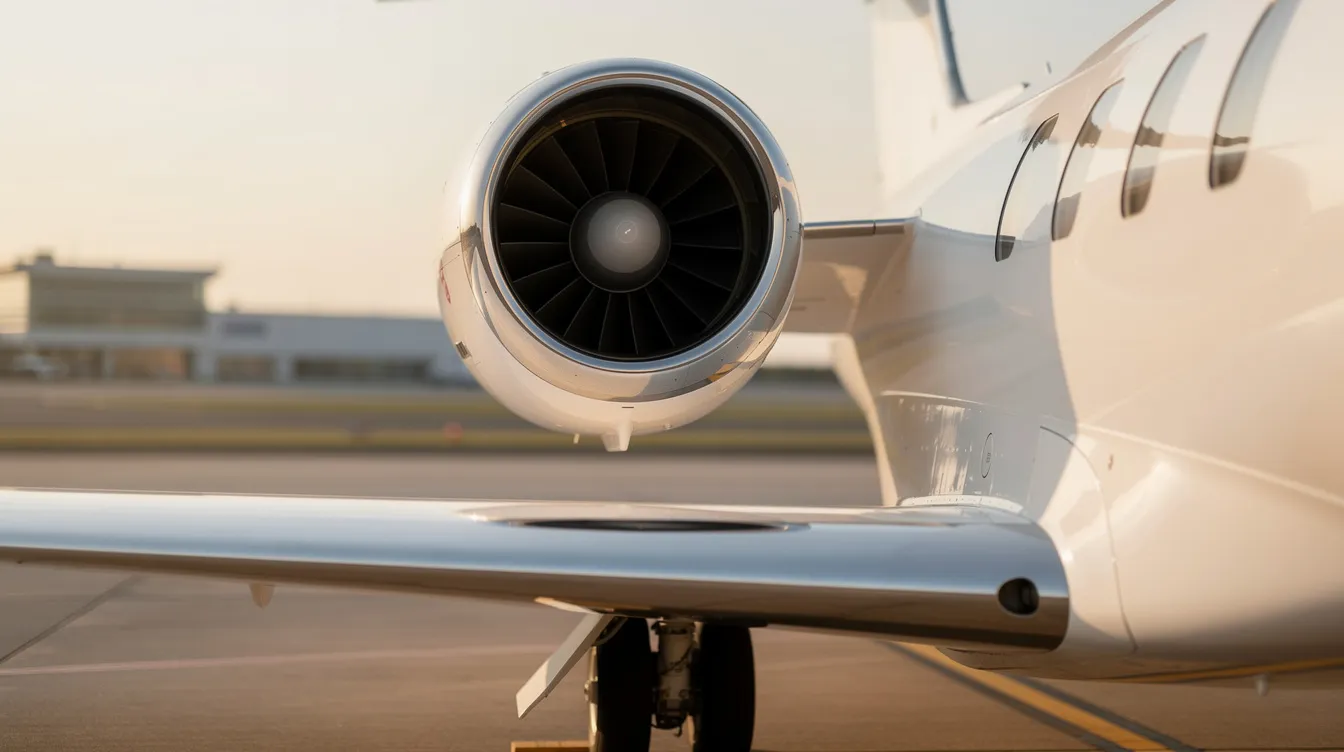 A close-up view of a turbofan engine mounted above the wing of a small white business jet, specifically the HondaJet Elite II, showcases its innovative design and superior performance. This aircraft, part of the very light jet category, emphasizes fuel efficiency and aerodynamic breakthroughs, enhancing the overall flight experience for passengers and pilots alike.