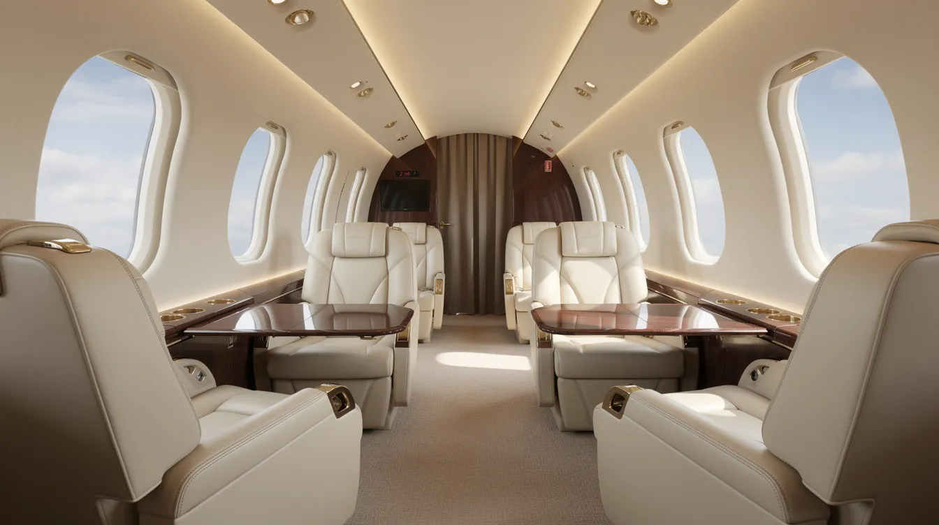 A wide-angle interior view of a luxurious Gulfstream private jet cabin showcases spacious seating with cream leather chairs, elegant wood veneer tables, and large oval windows that allow natural light to flood the space. This aircraft's cabin size offers an opulent environment for a comfortable flight experience.