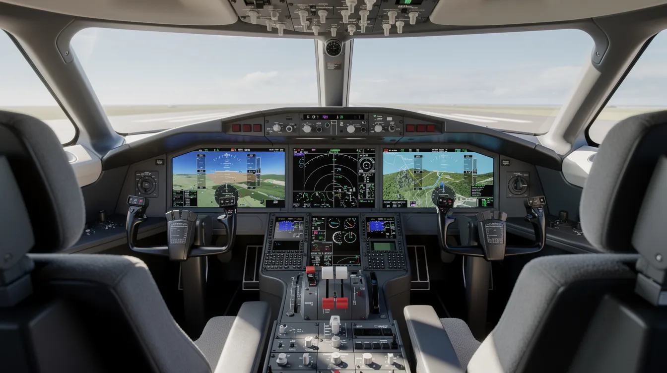 The image features a modern glass cockpit of a business jet, showcasing multiple large digital displays and sidestick controllers, indicative of advanced flight technology in aircraft like those from Gulfstream Aerospace. The sleek design emphasizes the cabin size and sophisticated instrumentation used for navigation and control during flight.