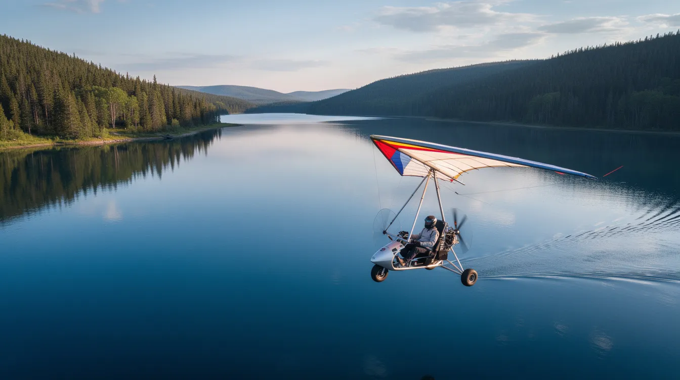 A weight-shift trike ultralight aircraft glides gracefully over a calm blue lake, surrounded by lush pine trees, showcasing the beauty of ultralight flying in nature. This lightweight aircraft, favored by many aviation enthusiasts, exemplifies the thrill of flight in a serene setting.