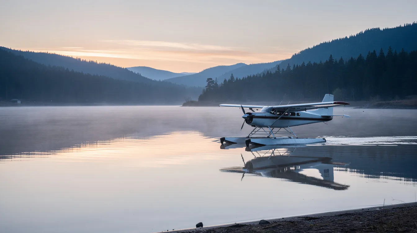 The image depicts a small amphibious floatplane, a type of ultralight aircraft, peacefully resting on the calm surface of a lake at dawn, surrounded by forested hills. The serene setting highlights the beauty of ultralight aviation, perfect for enthusiasts of lightweight aircraft and ultralight flying.