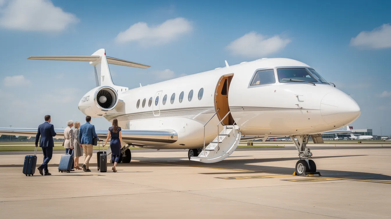 A sleek modern private jet is parked on the tarmac, with passengers approaching the open cabin door under a clear blue sky, showcasing the elegance and luxury of private aviation. This image captures the allure of flying in lightweight aircraft, emphasizing the unique experience of ultralight aviation.
