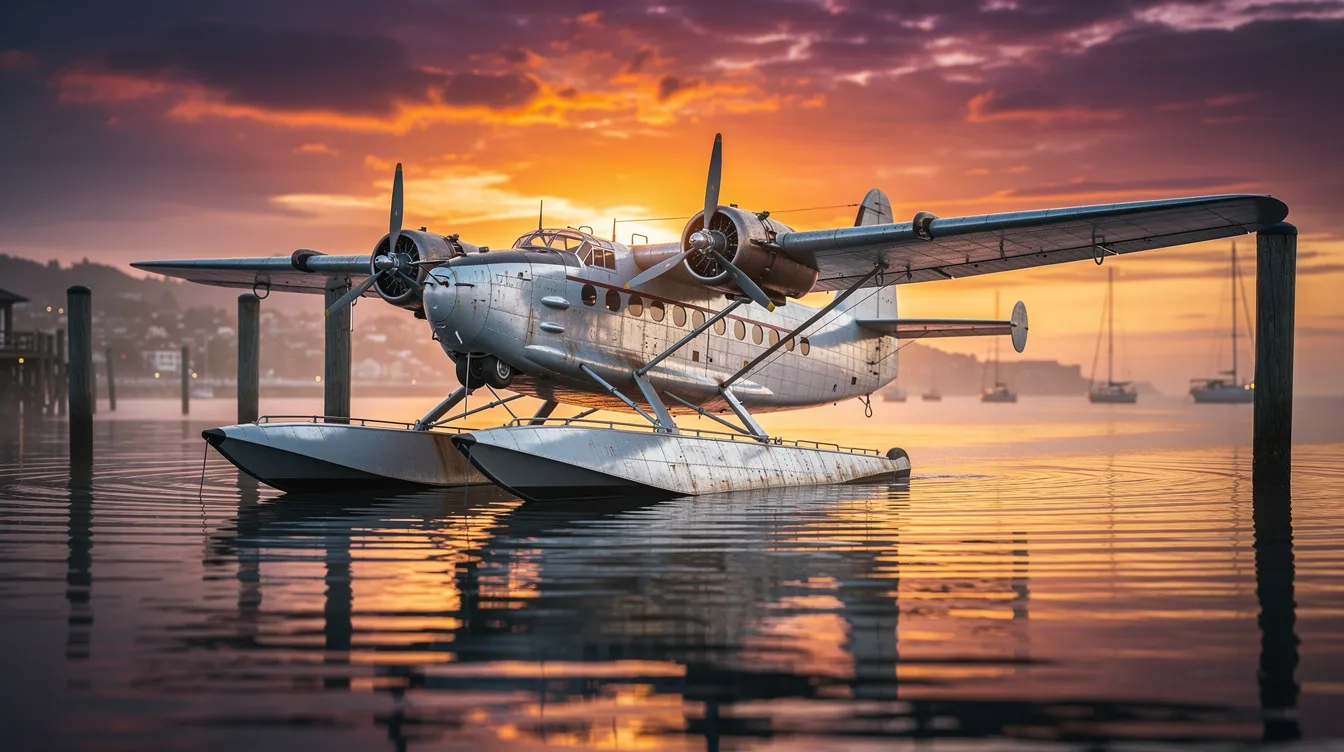 A vintage flying boat is peacefully resting on the calm waters of a harbor, with a stunning sunset sky casting vibrant colors in the background. This amphibious aircraft, reminiscent of World War II flying boats, showcases a classic design that highlights its ability to land on both water and traditional runways.