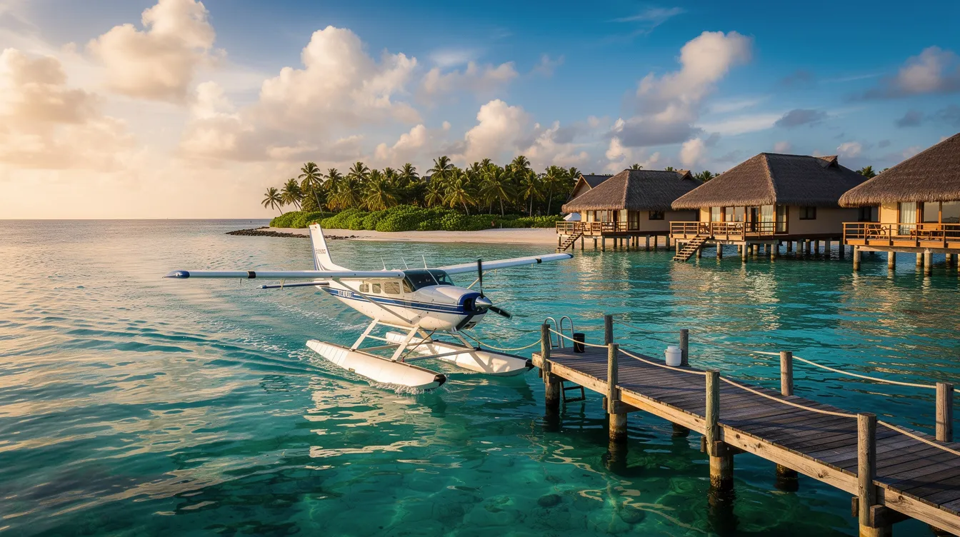 A seaplane, also known as a floatplane, is approaching a wooden dock near overwater villas, set against the backdrop of a tropical lagoon. The scene captures the beauty of water operations and the serene environment of remote destinations.