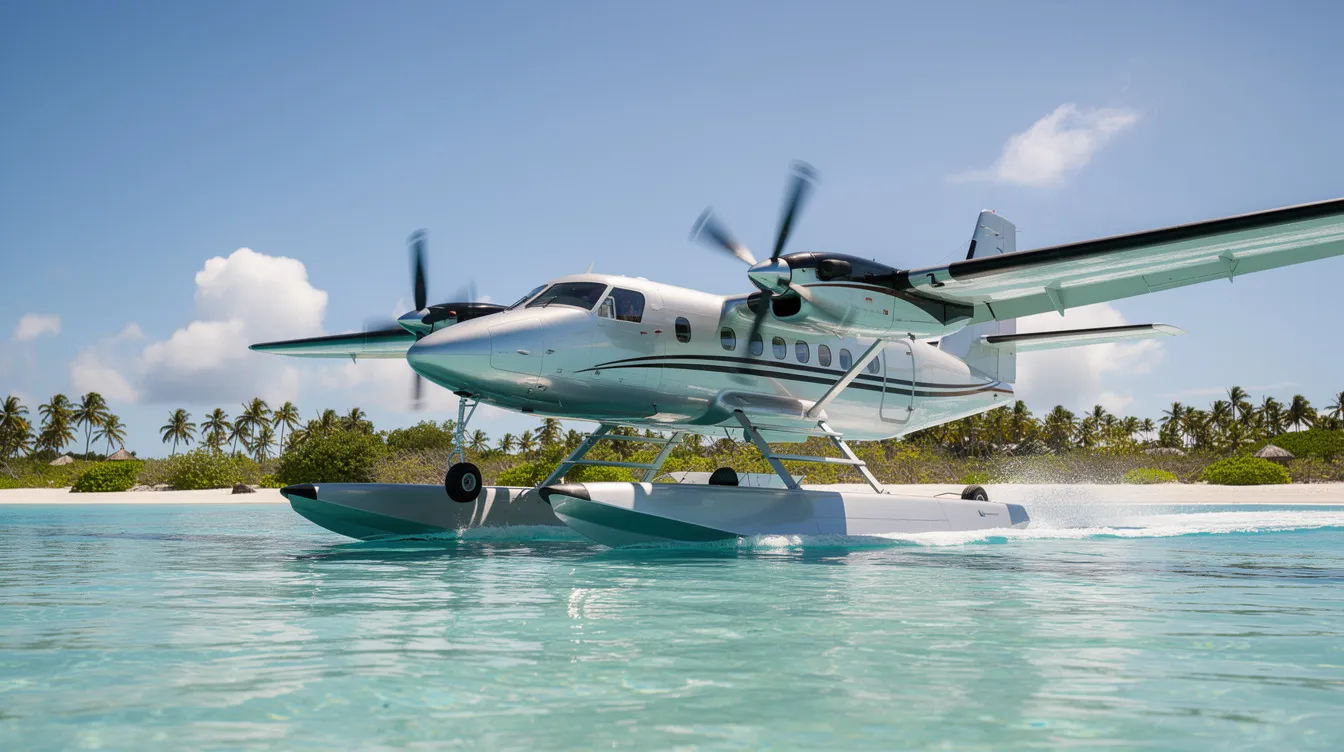 A modern turboprop amphibious aircraft is taxiing on vibrant turquoise waters near a pristine white sand beach, showcasing its capability to land on both water and traditional runways. This scene highlights the versatility of amphibious aircraft, often used for scenic aerial tours and reaching remote locations.