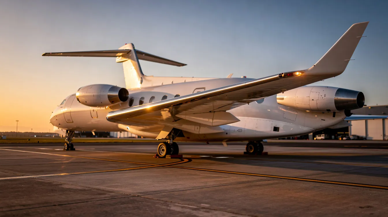 A business jet with a sleek swept wing design and winglets is parked on a tarmac at sunset, showcasing its aerodynamic efficiency and impressive wingspan. The aircraft's wing shape is optimized for greater lift and reduced induced drag, making it ideal for high-speed, long-distance flight.