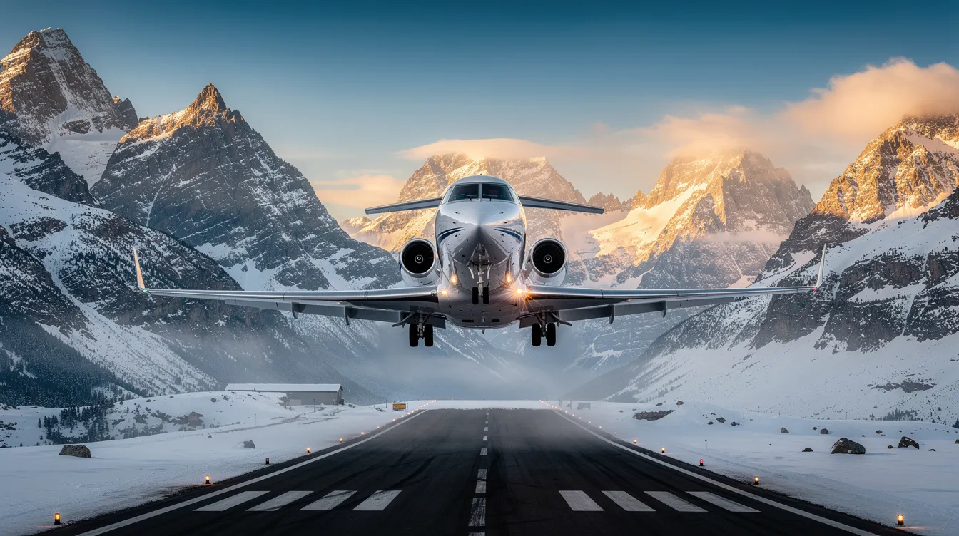 A luxury private jet is landing on a mountain airstrip, flanked by majestic snow-capped peaks. The airplane's wingspan is prominent as it descends, showcasing its aerodynamic design and landing gear ready for touch down.