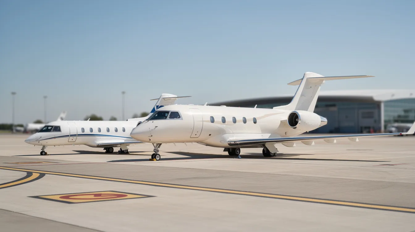 The image depicts three private jets of varying sizes lined up on a ramp, showcasing their relative wingspan differences. The smallest jet features a low aspect ratio wings design, while the largest jet boasts a greater wingspan, emphasizing the aerodynamic efficiency and wing geometry variations among the aircraft.