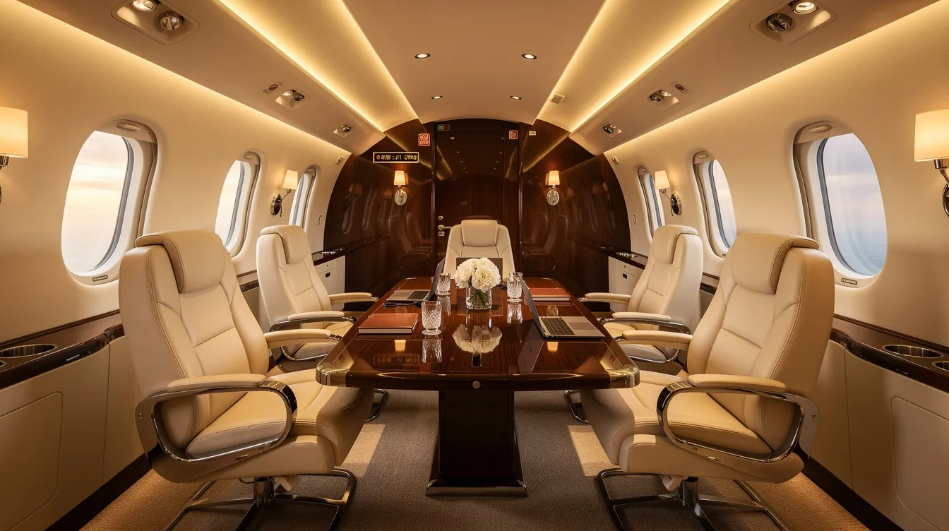 The image depicts the interior of a luxurious private jet cabin featuring cream leather seats arranged around a conference table, illuminated by warm ambient lighting, creating an inviting atmosphere ideal for business class travelers. The spacious cabin design enhances passenger comfort, making it a perfect setting for long haul flights.