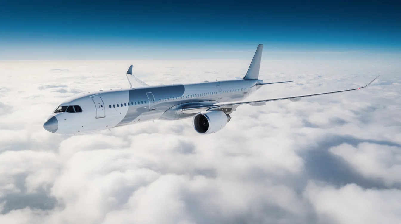 A modern commercial aircraft, specifically an Airbus A350, soars above a thick layer of white clouds, with sunlight reflecting off its sleek fuselage, showcasing the beauty of long haul flights. The scene captures the essence of passenger comfort and the advanced design of today's aircraft, making it an ideal choice for international flights.