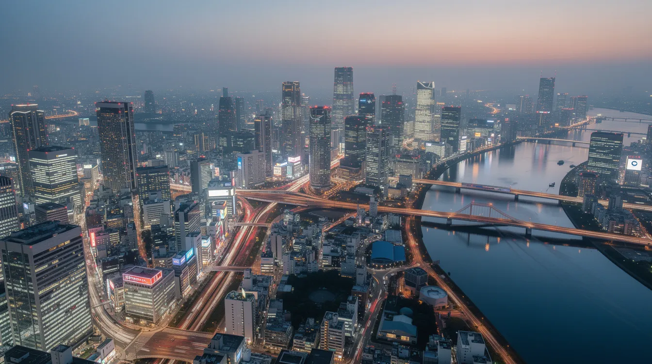 An aerial view of Tokyo at dusk showcases a vibrant cityscape filled with illuminated skyscrapers, their reflections shimmering on a winding river below, creating a stunning contrast against the twilight sky. This bustling metropolis highlights the beauty of urban life, reminiscent of the comfort and excitement found in international flights.