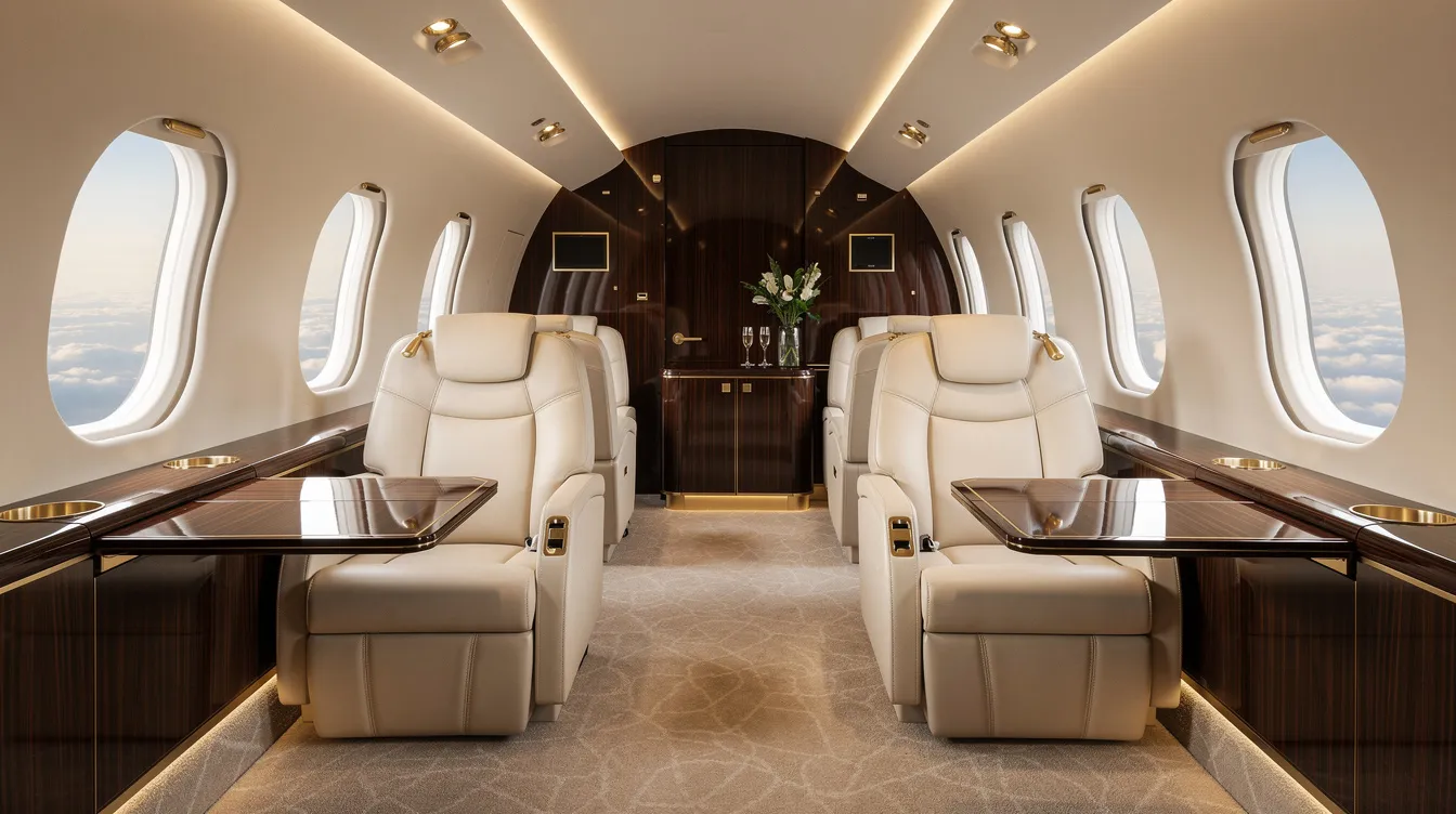 The image depicts the interior of a luxurious private jet cabin featuring cream leather seats, soft ambient lighting, and polished wood accents, creating an elegant and comfortable atmosphere for passengers. This opulent setting highlights the sophistication and design of modern aircraft interiors.