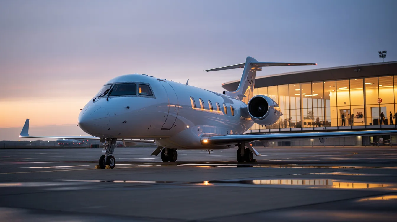 A sleek private jet is parked on a tarmac at dusk, illuminated by the warm glow of terminal lights in the background. The scene captures the elegance of the aircraft against the twilight sky, symbolizing the future of aviation and the efficiency of modern air travel.