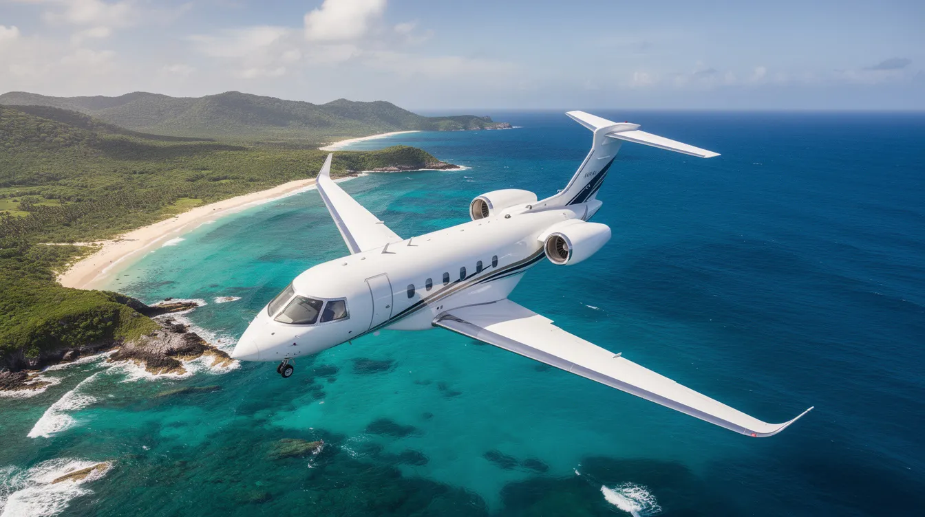 An aerial view captures a sleek private jet soaring above a lush green coastline, with vibrant turquoise waters below. This image showcases the elegance and efficiency of modern aircraft, highlighting its design and performance in a stunning natural setting.