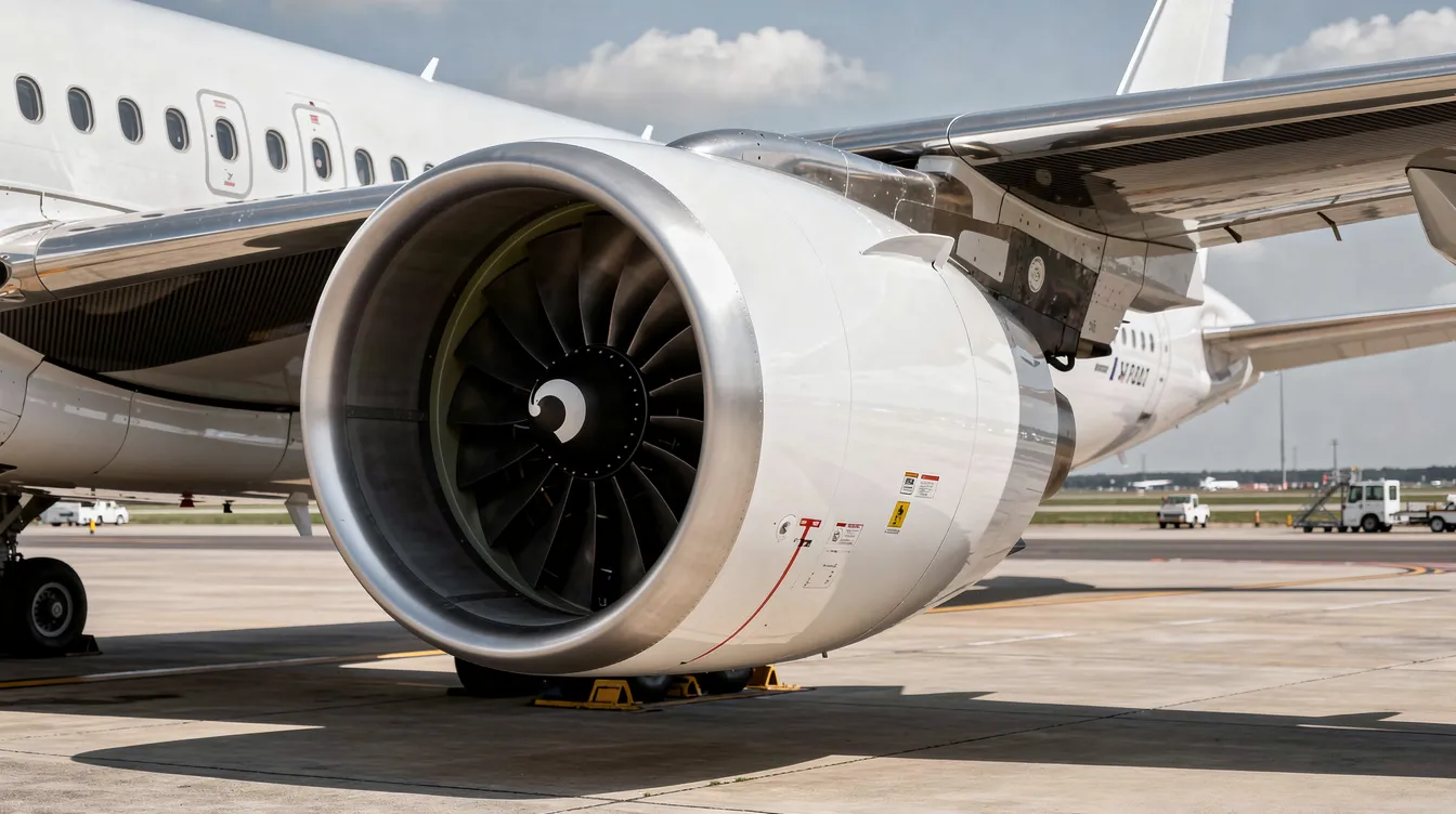 A close-up view of a large modern turbofan jet engine, showcasing its sleek design and advanced technology, is mounted under a wide composite wing on a tarmac. This image highlights the engine's role in enhancing fuel efficiency for commercial flights, representing the next generation of aviation innovation.