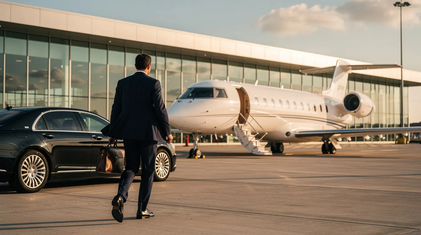 An executive dressed in a dark suit strides confidently toward a private jet parked on the ramp of a modern glass terminal building, highlighting the luxurious experience of private air travel. The scene captures the essence of comfort and efficiency in aviation, emphasizing the sleek design of the aircraft and the sophisticated atmosphere of the private aviation terminal.