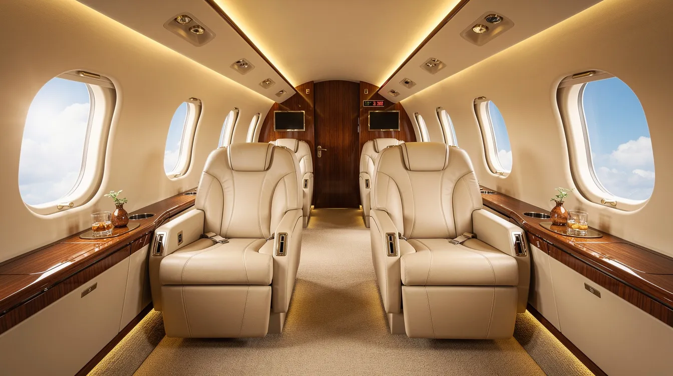 The image depicts the interior of a luxurious private jet cabin, featuring cream leather seats and warm ambient lighting. Large oval windows reveal a clear blue sky, creating an inviting and spacious atmosphere for an exceptional passenger experience.