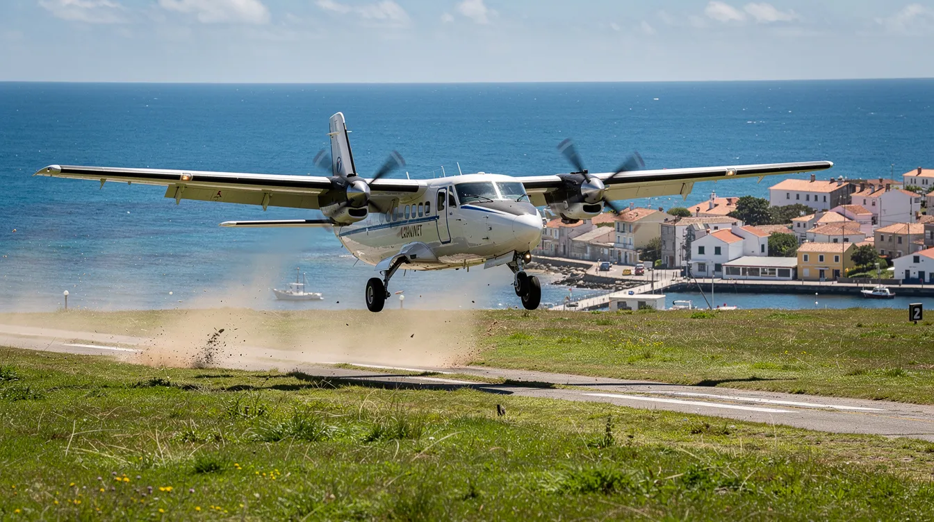A turboprop aircraft is taking off from a short grass runway, with a picturesque coastal town and a vibrant blue ocean in the background, highlighting the beauty of air travel in a serene setting. The scene captures the essence of smaller planes operating in scenic locations, showcasing the unique experience of flying near the coast.