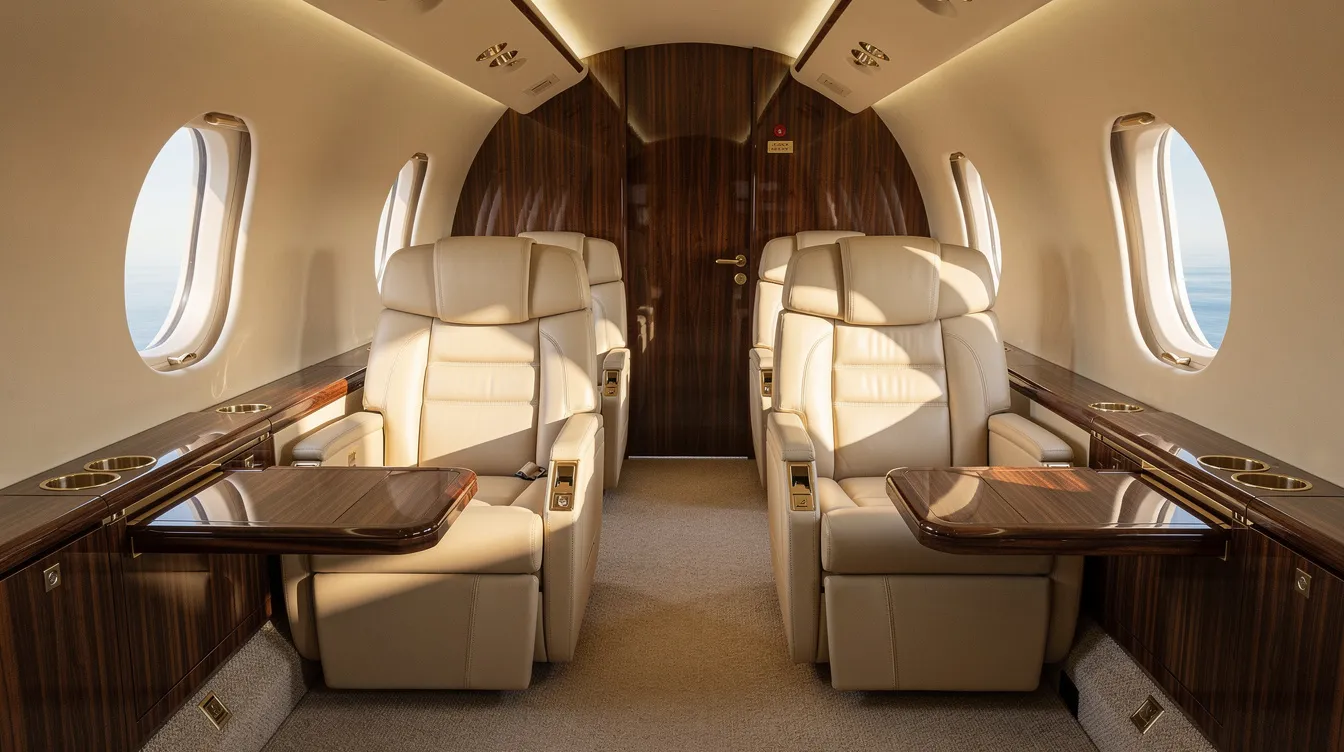 The image depicts a luxurious private jet cabin featuring cream leather seats and wood grain accents, illuminated by abundant natural light streaming through Gulfstream panoramic oval windows. The spacious cabin is designed for comfort, making it ideal for business aviation with configurations that can seat up to 19 passengers and 4 crew.