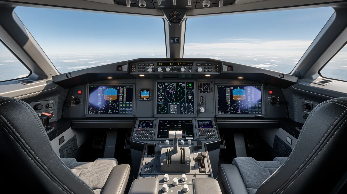 The image depicts a modern glass cockpit of a business jet, featuring a panoramic windshield that reveals a clear blue sky and distant horizon. This advanced cockpit design, part of Gulfstream's symmetry flight deck, allows for abundant natural light and enhances the flying experience with its next-generation technology and active control sidesticks.