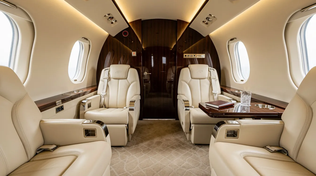 The image depicts the interior of a luxurious private jet cabin featuring cream leather seats, elegant wood paneling, and soft ambient lighting, creating a serene atmosphere for flying. This opulent space is designed for comfort and style, embodying the essence of a fast, high-end aircraft that can reach speeds of mach 0.935, which is equivalent to approximately 720 mph.