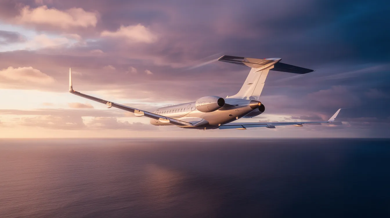 A private business jet, possibly one of the fastest private jets, is seen from below as it banks gently against a vibrant sunset sky over the ocean, illustrating its sleek design and impressive speed, potentially approaching mach 0.935, which is just below the sound barrier. The warm colors of the sunset contrast beautifully with the silhouette of the aircraft, creating a striking image of flight and freedom.