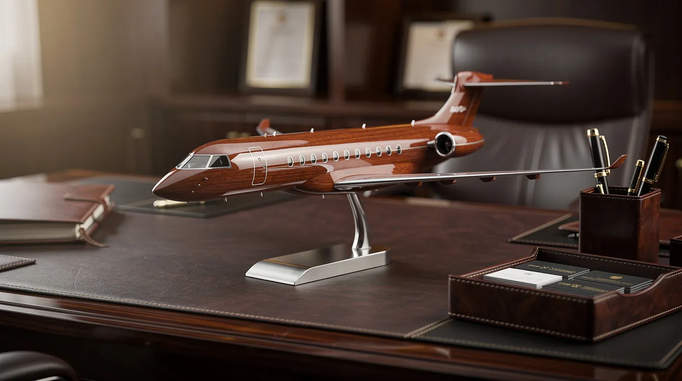 The image features a polished mahogany model of a business jet, showcasing its quality and detail, elegantly placed on a dark wood executive desk accompanied by leather accessories. This exquisite piece is perfect for aviation enthusiasts and adds a touch of class to any office or collection of airplane models.