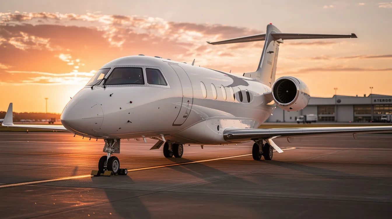 A private jet is parked on a tarmac during golden hour, with warm sunset light reflecting off its sleek fuselage, showcasing the quality and detail of this real aircraft. The scene captures the elegance of aviation, appealing to aviation enthusiasts and those who appreciate fantastic airplane models.