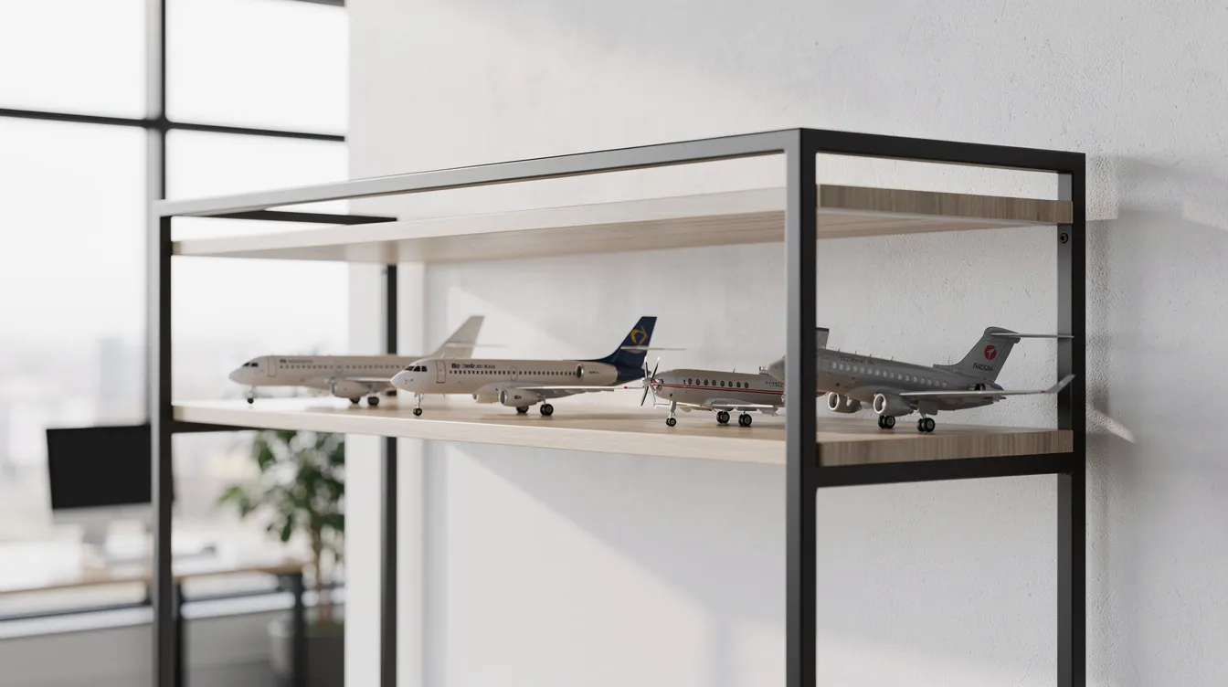 The image features a sleek display shelf in a modern office, showcasing a collection of scale model aircraft in various sizes and types, perfect for aviation enthusiasts. Each model highlights impressive detail and quality, reflecting the craftsmanship of real aircraft and their unique paint schemes.