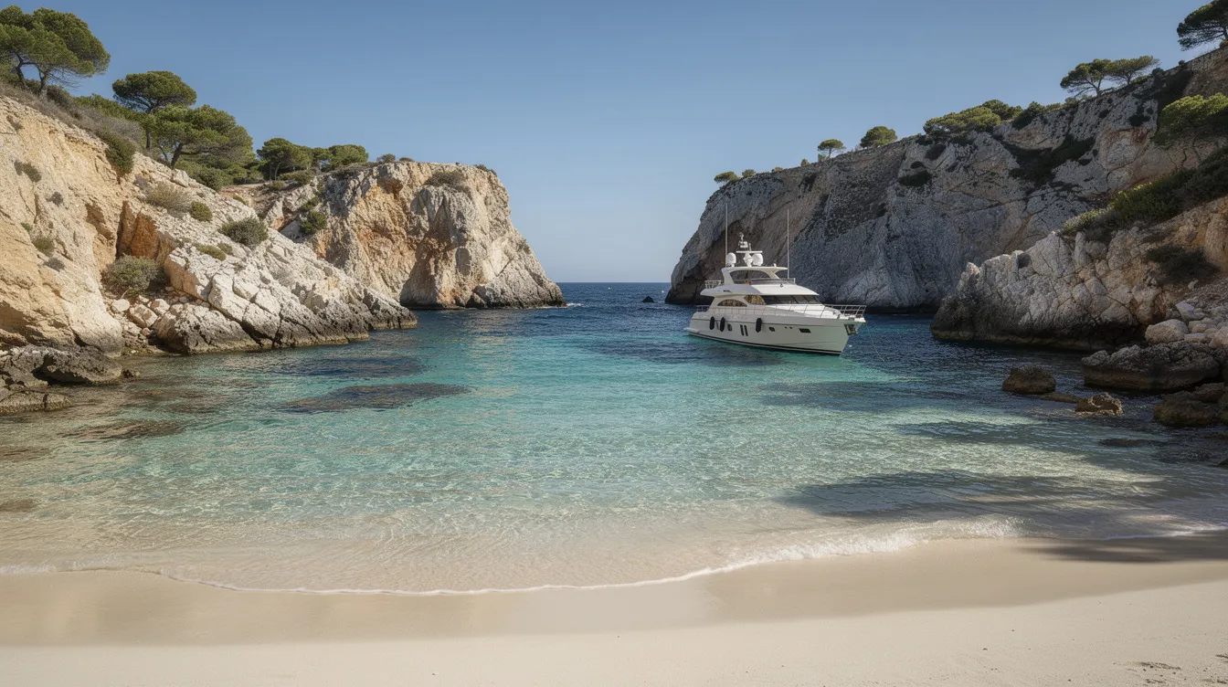 A stunning Mediterranean cove features crystal clear turquoise waters surrounded by rugged rocky cliffs, with a sleek white yacht anchored nearby, perfect for private jet travelers seeking hidden coves and luxury vacation spots. This serene destination invites leisure travelers to explore its beauty and enjoy the freedom of private flights to idyllic locations.