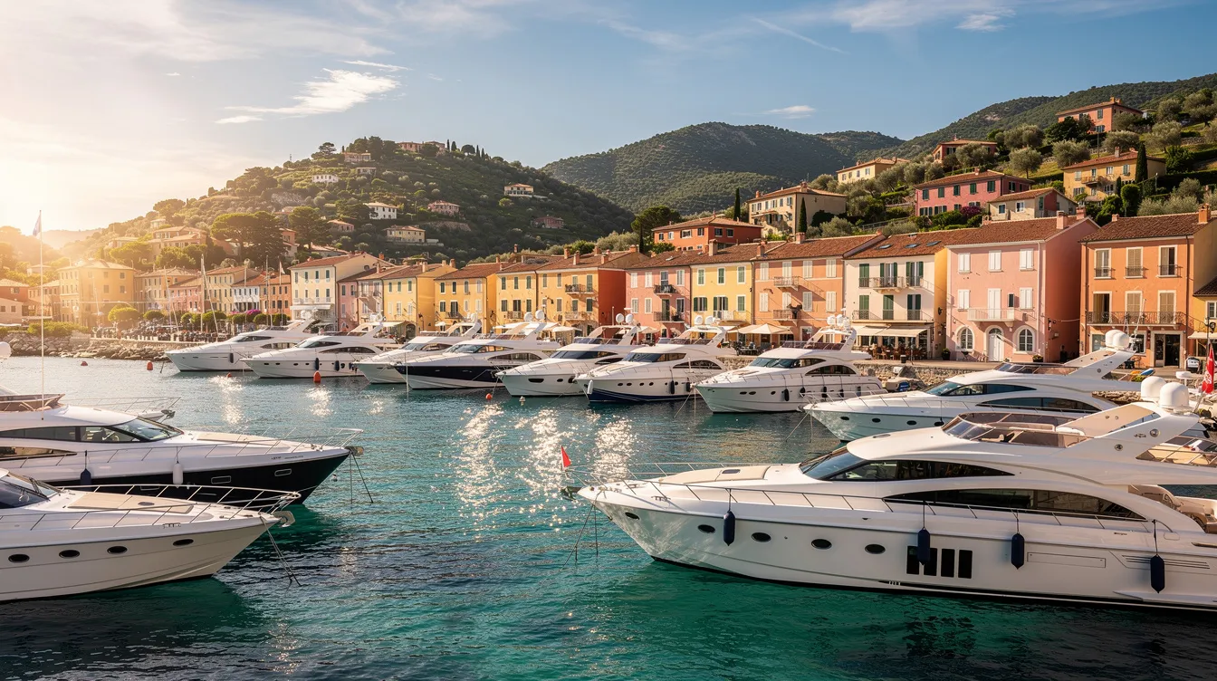 A sunlit harbor features luxury yachts moored alongside pastel-colored buildings, with Mediterranean hills rising in the background, creating an idyllic scene for private jet travelers seeking their next adventure. The tranquil atmosphere and crystal clear waters invite leisure travelers to explore nearby hidden coves and enjoy world-class amenities.