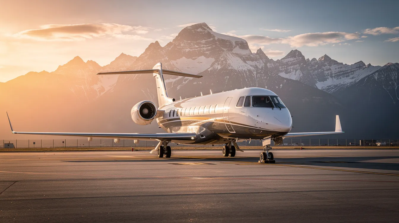 A sleek large-cabin private jet, designed for luxury air travel, is parked on a tarmac with majestic mountains in the background during golden hour. The aircraft, equipped with turbofan engines, showcases its impressive wingspan and modern design, ready to carry passengers to their destination.