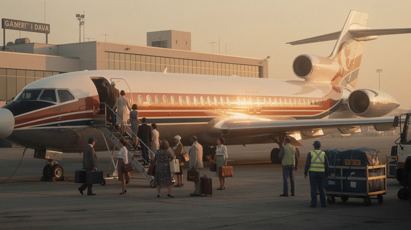 The image depicts a vintage scene of a wide-body Boeing 747 at an airport gate in the 1970s, with passengers boarding via stairs. The aircraft, known for its large passenger capacity and turbofan engines, is a classic example of the jumbo jet era, illustrating the charm of air travel during that time.