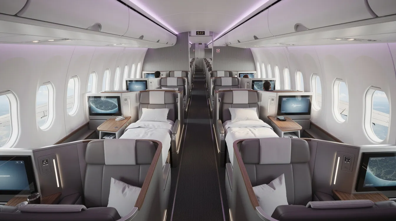 The image depicts the interior of a modern wide-body aircraft business class cabin, featuring spacious lie-flat seats arranged in a stylish layout, ideal for long haul flights. The luxurious setting includes soft lighting and high-quality materials, creating a comfortable environment for passengers traveling on airlines like Vietnam Airlines.