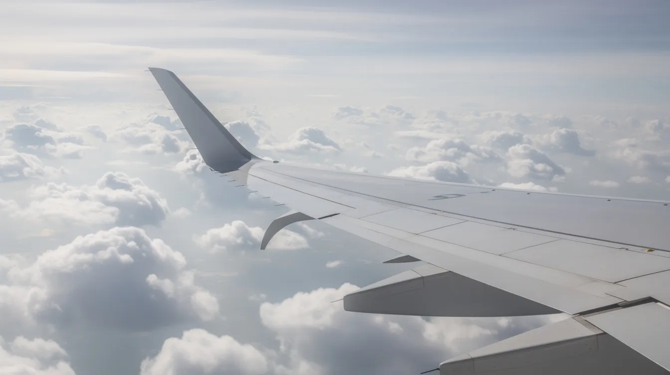 A wide-angle photograph captures the wing tip of a commercial aircraft, specifically a Boeing 737-800, showcasing the split scimitar winglet design with both upward and downward extensions. The wing is set against a backdrop of fluffy clouds, highlighting the aircraft's improved aerodynamics and fuel efficiency.