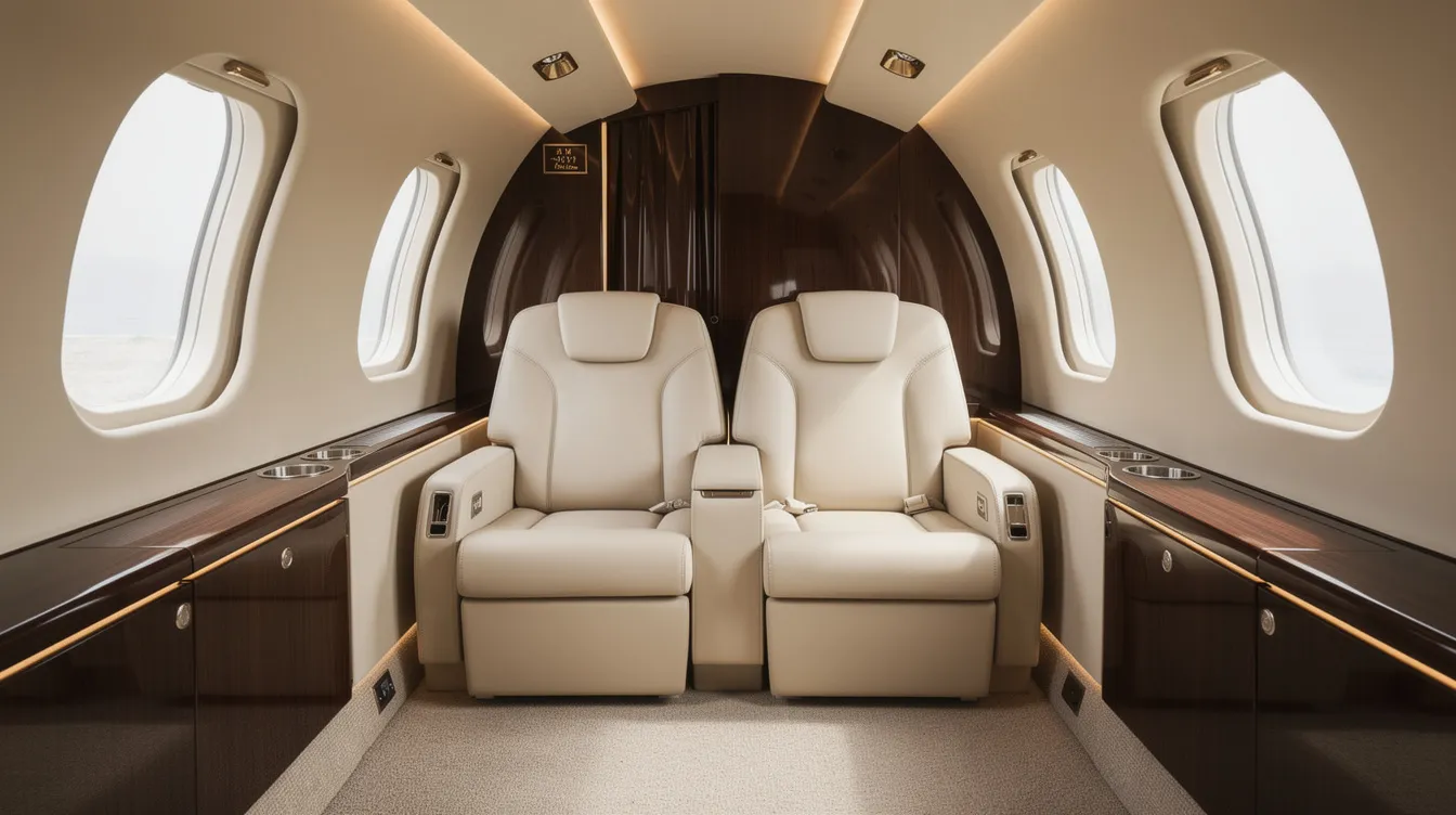 The image showcases a luxurious private jet interior, featuring cream leather seats arranged in a club configuration, complemented by polished wood accents and soft ambient lighting, creating an inviting passenger cabin atmosphere. This elegant design provides a comfortable and stylish environment for travelers, emphasizing luxury and privacy during flight.
