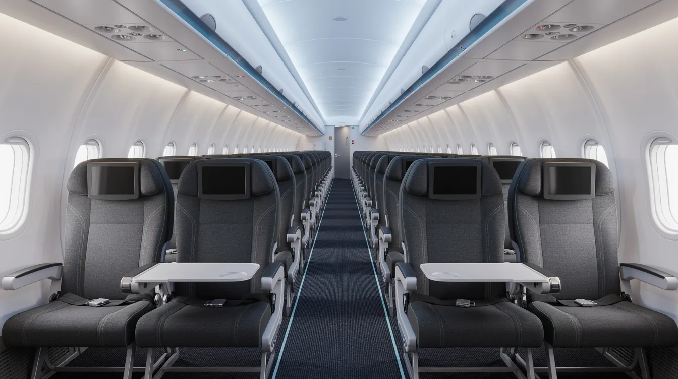 The image depicts the interior of a modern commercial aircraft cabin, showcasing rows of economy class seats arranged in a single aisle configuration, illuminated by LED overhead lighting. This design enhances passenger comfort and accessibility while contributing to the overall fuel efficiency of the Boeing 737 800 model.
