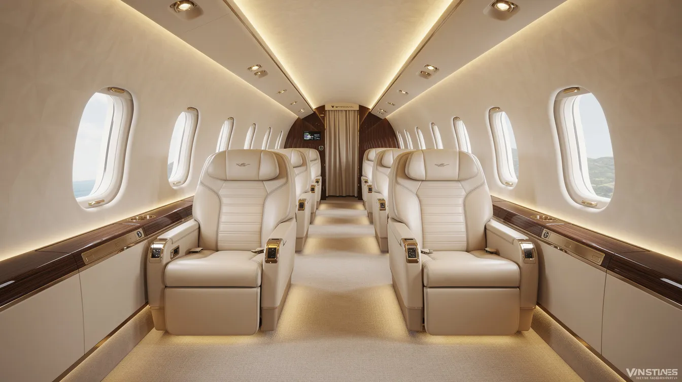 The image showcases the opulent interior of a wide-body aircraft, resembling a flying palace, featuring cream leather seating, ambient lighting, and spacious aisles designed for maximum passenger comfort. This luxurious cabin includes private suites, a dining room, and advanced technology, embodying the epitome of private air travel in the aviation industry.