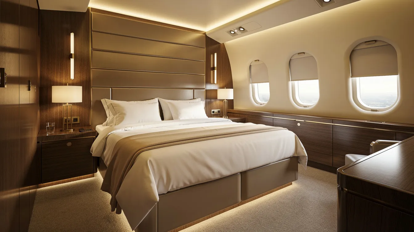 The image depicts an elegant aircraft bedroom suite featuring a large bed, warm lighting, and wood-paneled walls, embodying the luxurious amenities of a flying palace. This sophisticated space reflects the opulence found in private jets and the world's largest passenger aircraft, offering maximum passenger comfort and a serene atmosphere.