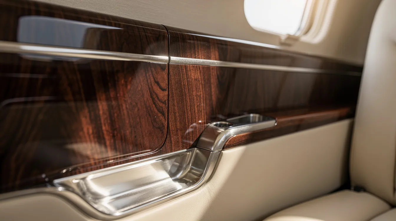 The image features a close-up view of rich wood veneer cabin panels adorned with polished metal accents, complemented by cream leather upholstery, showcasing the luxurious interior of a Gulfstream G650 private jet. This elegant design emphasizes cabin comfort and sophistication, ideal for business aviation.