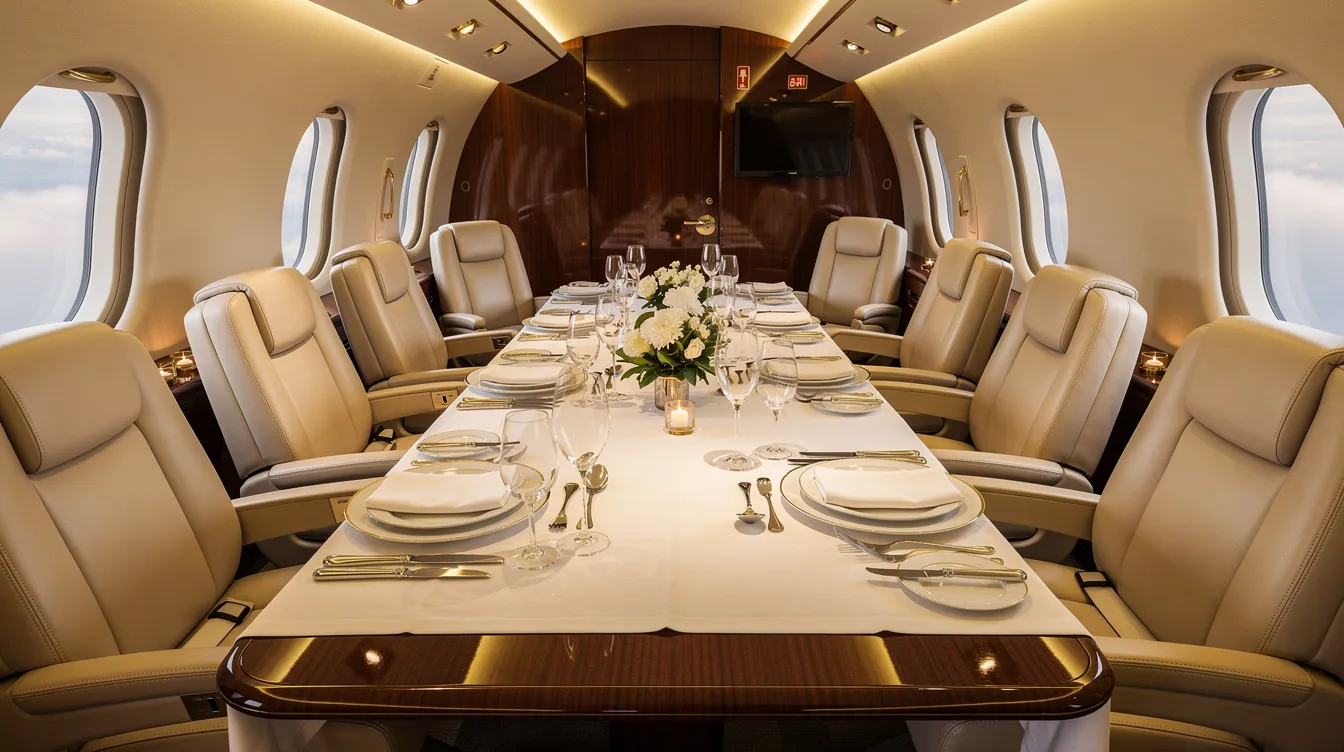 An elegant multi-course dining table is beautifully set inside the cabin of a Gulfstream G650 private jet, featuring white linen and silver cutlery, surrounded by abundant natural light that enhances the luxurious cabin comfort. The spacious interior is designed for an exceptional dining experience, reflecting the sophistication of modern business aviation.